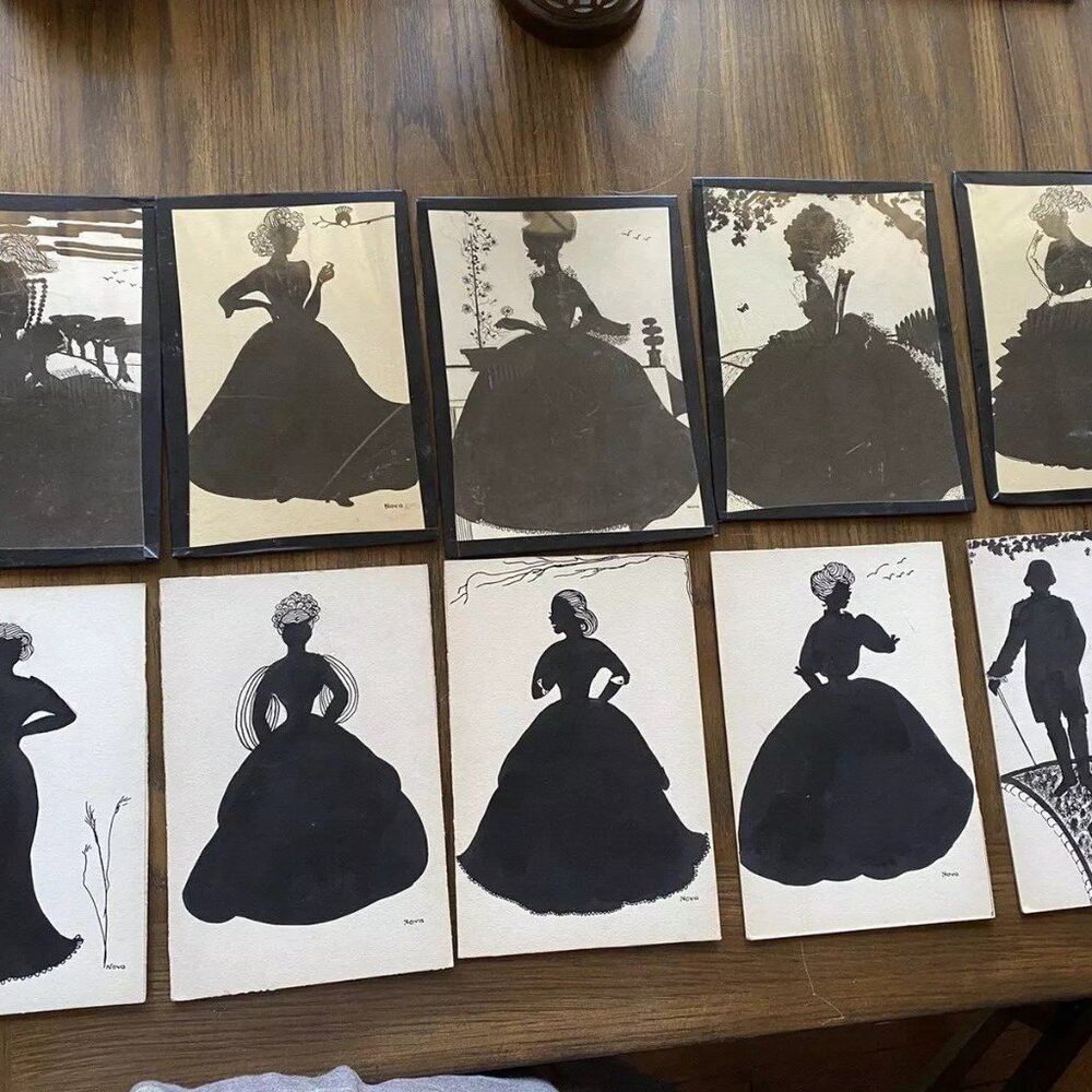 10 Black White Art Deco Pen Ink Drawings 7 signed "NOVA" Vintage Ladies GUC